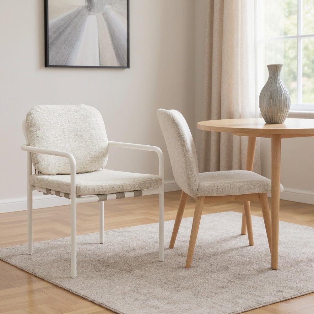 Set of Two Beige and White Slipcovered Dining Arm Chairs