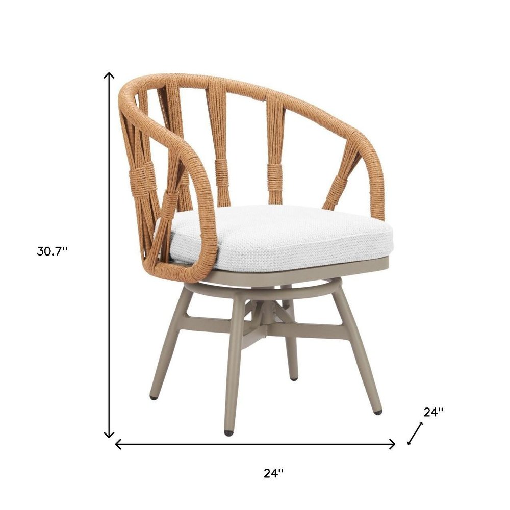 White and Gray Slipcovered Upholstery Open Back Swivel Dining Arm Chair