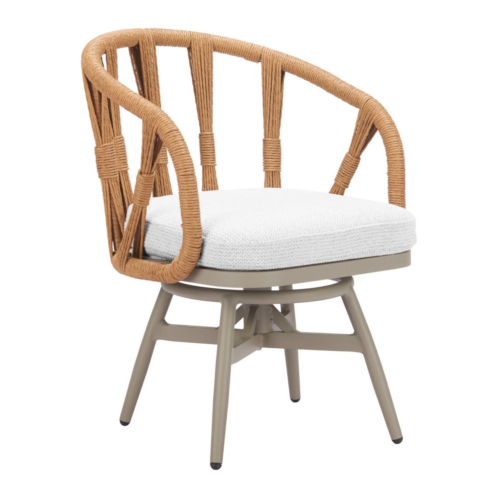 White and Gray Slipcovered Upholstery Open Back Swivel Dining Arm Chair