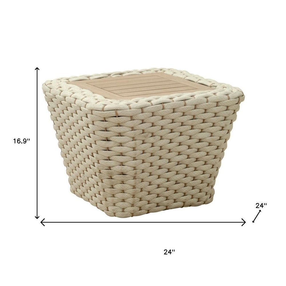 Natural and White Square Solid Wood and Wicker Outdoor Coffee Table - 24-inch