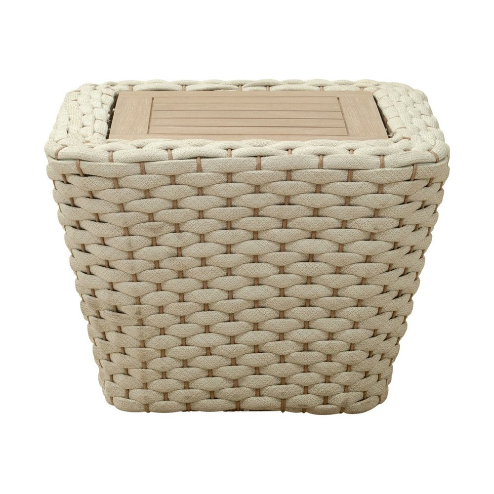 Natural and White Square Solid Wood and Wicker Outdoor Coffee Table - 24-inch