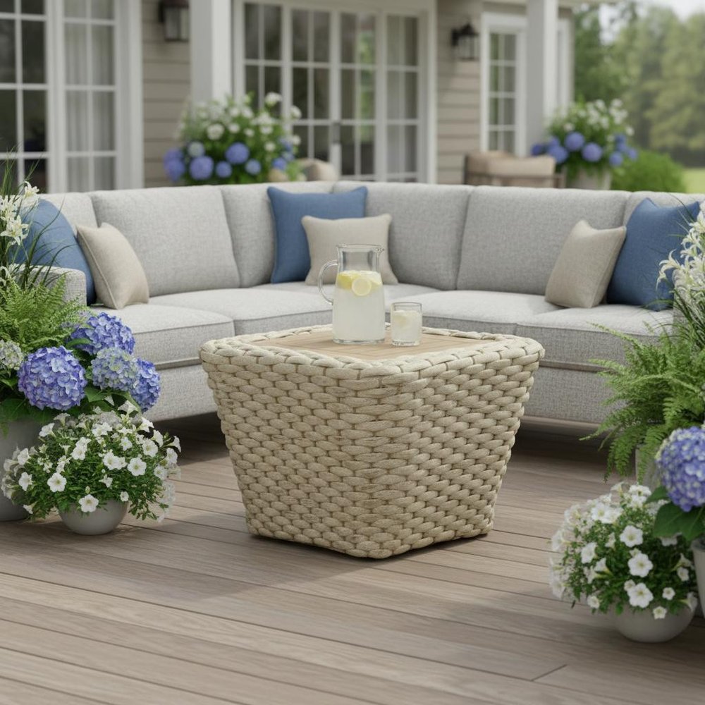 Natural and White Square Solid Wood and Wicker Outdoor Coffee Table - 24-inch