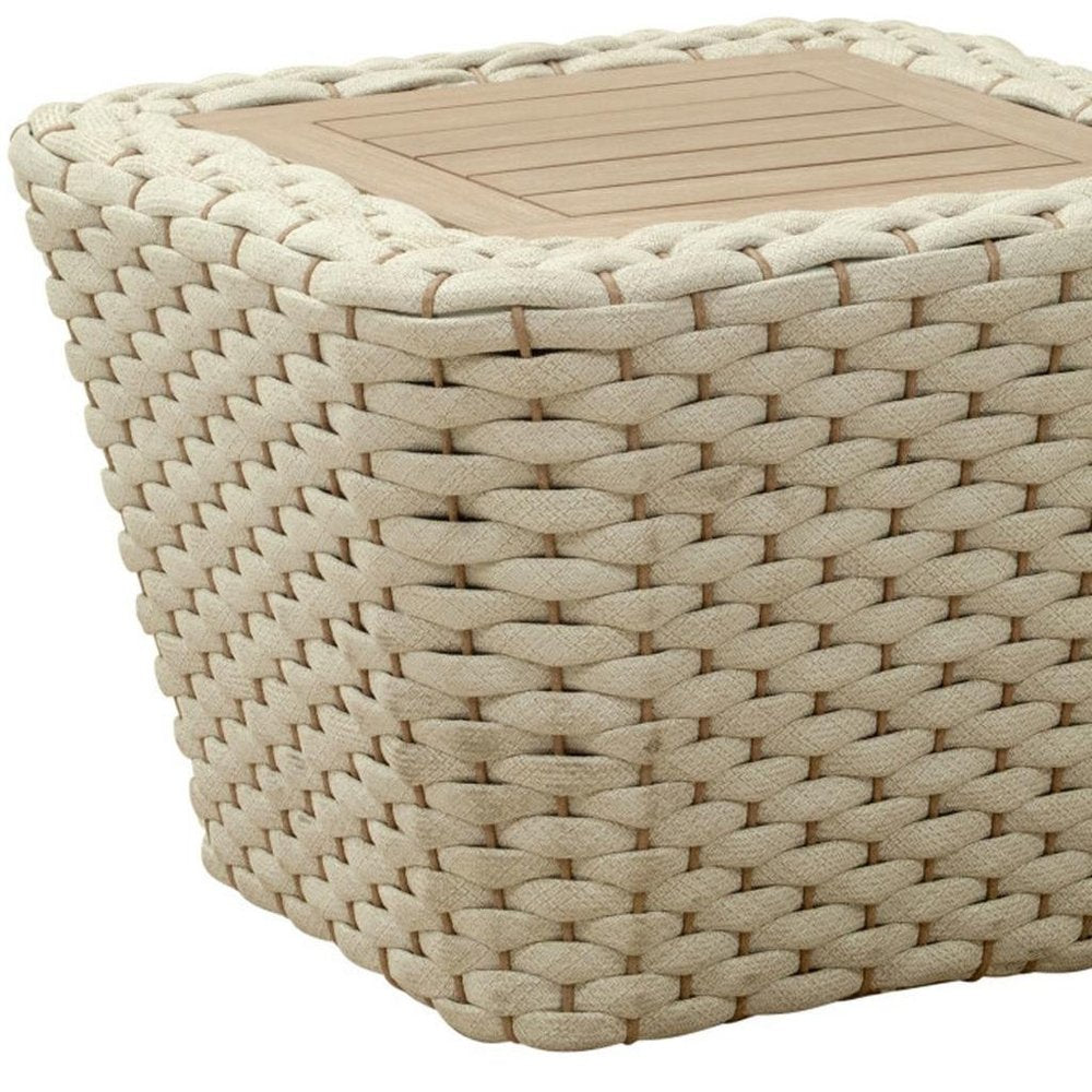 Natural and White Square Solid Wood and Wicker Outdoor Coffee Table - 24-inch