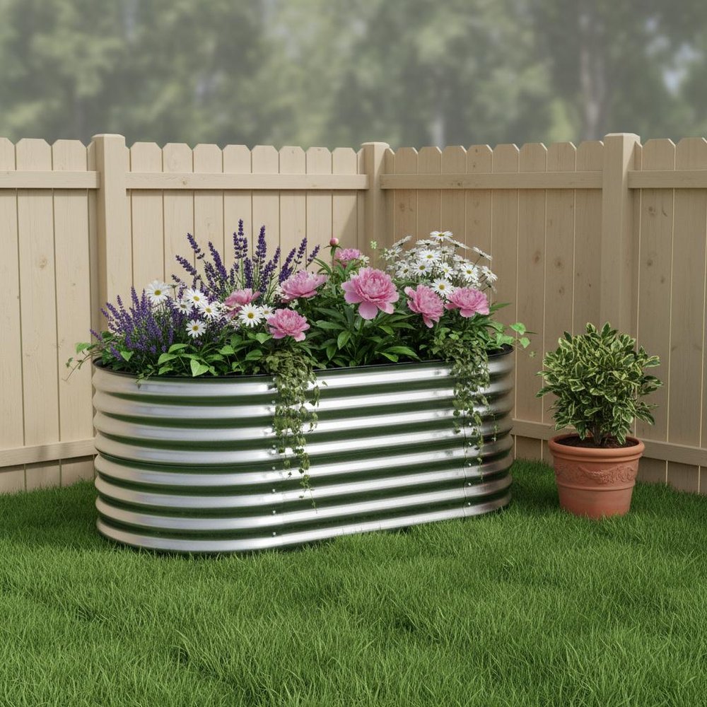Silver Metal Oval Raised Garden Bed - 32 X 63-inch