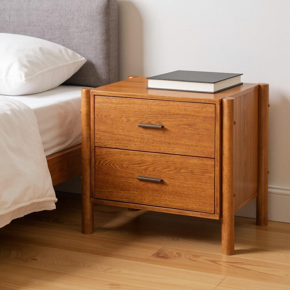 Walnut Solid Wood Two Drawer Nightstand - 22-inch
