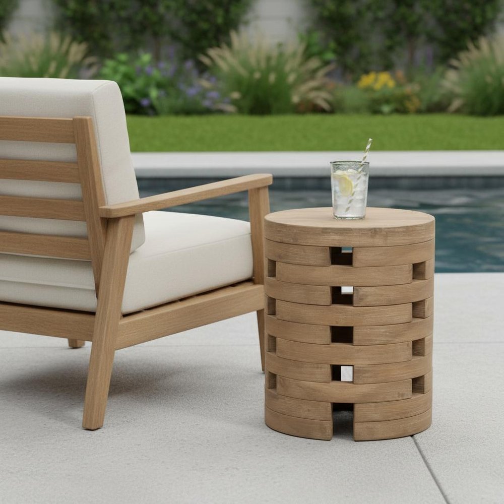 Natural Solid Wood Round Outdoor Side Table - 14-inch