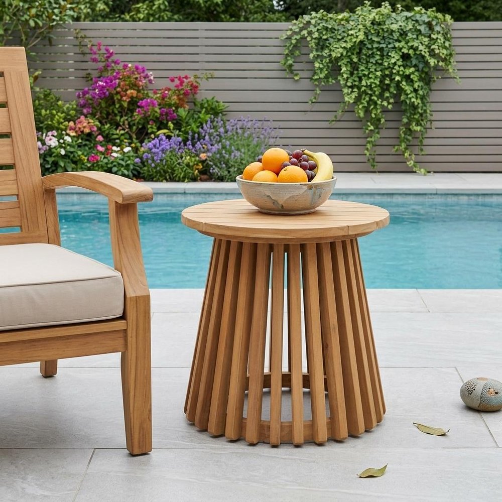 Natural Solid Wood Round Outdoor Side Table - 16-inch