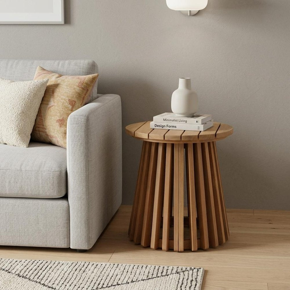 Natural Solid Wood Round Outdoor Side Table - 16-inch