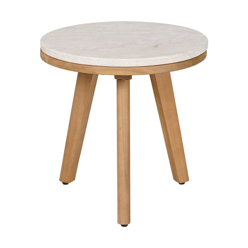Beige and Natural Stone and Solid Wood Round Outdoor Side Table - 16-inch