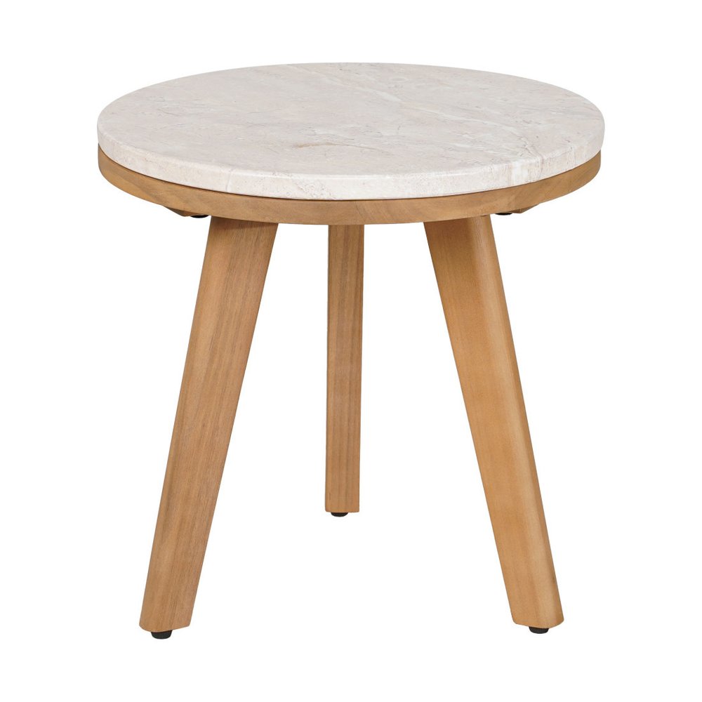 Beige and Natural Stone and Solid Wood Round Outdoor Side Table - 16-inch