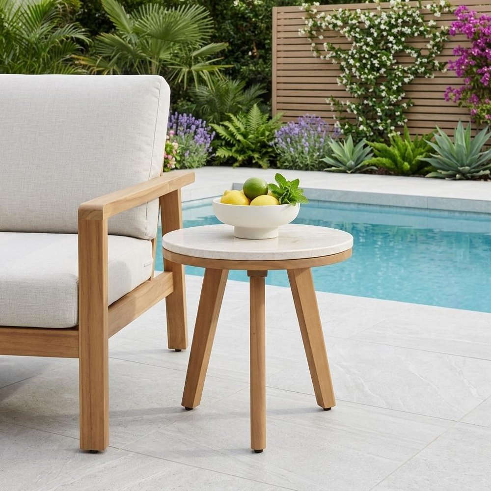 Beige and Natural Stone and Solid Wood Round Outdoor Side Table - 16-inch