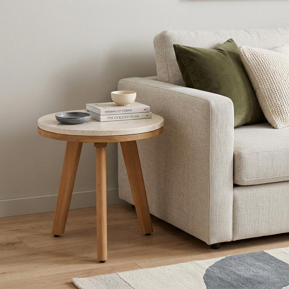 Beige and Natural Stone and Solid Wood Round Outdoor Side Table - 16-inch