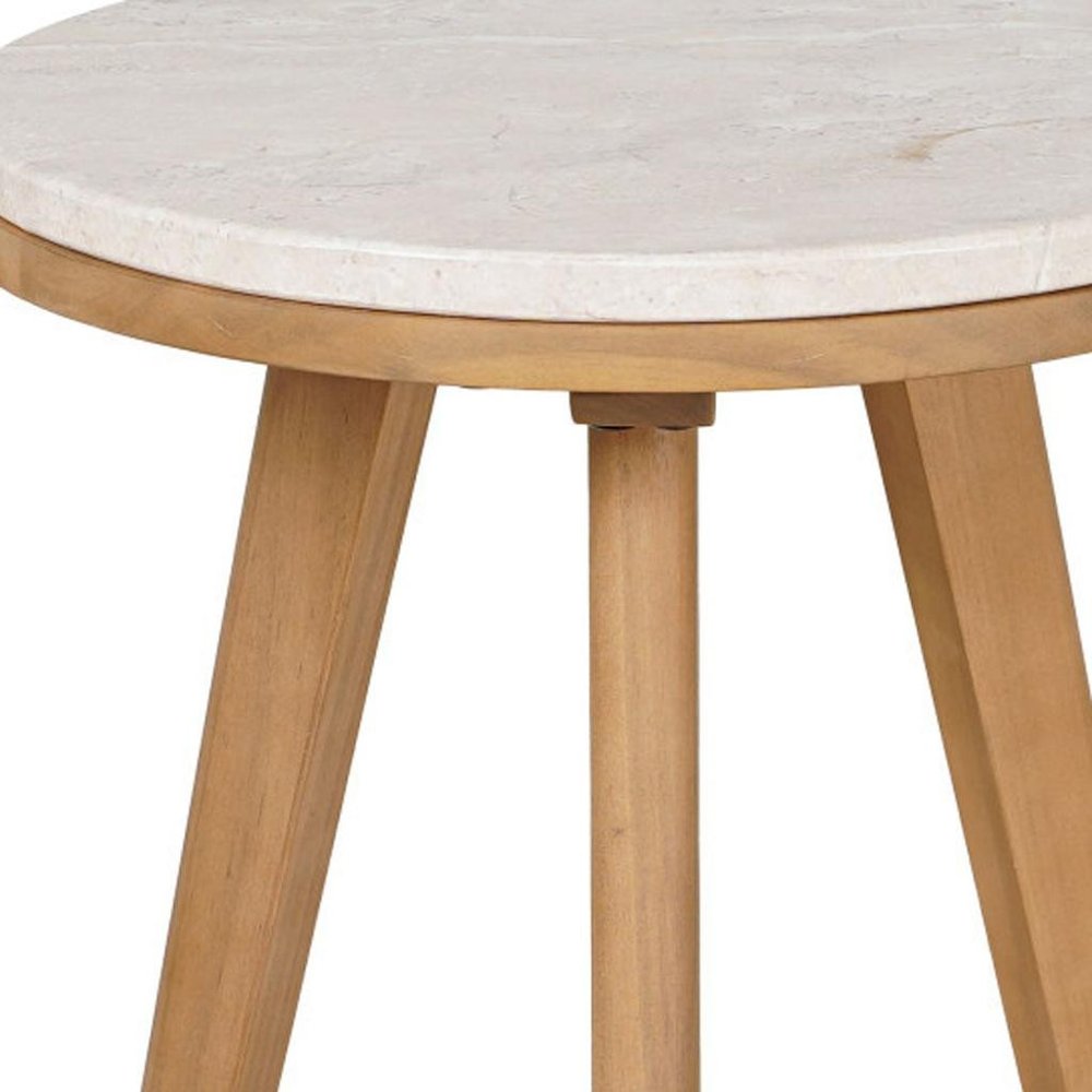Beige and Natural Stone and Solid Wood Round Outdoor Side Table - 16-inch