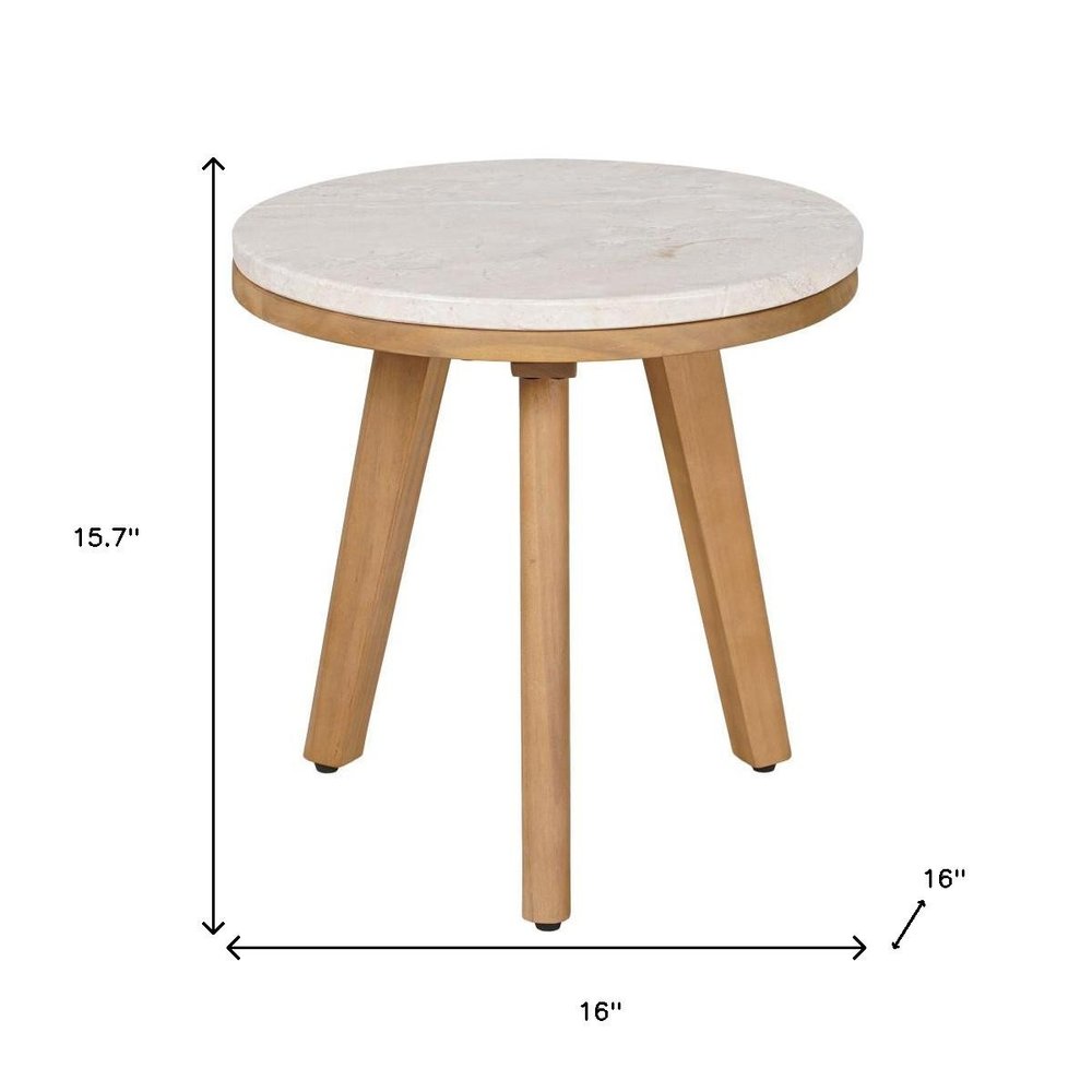 Beige and Natural Stone and Solid Wood Round Outdoor Side Table - 16-inch