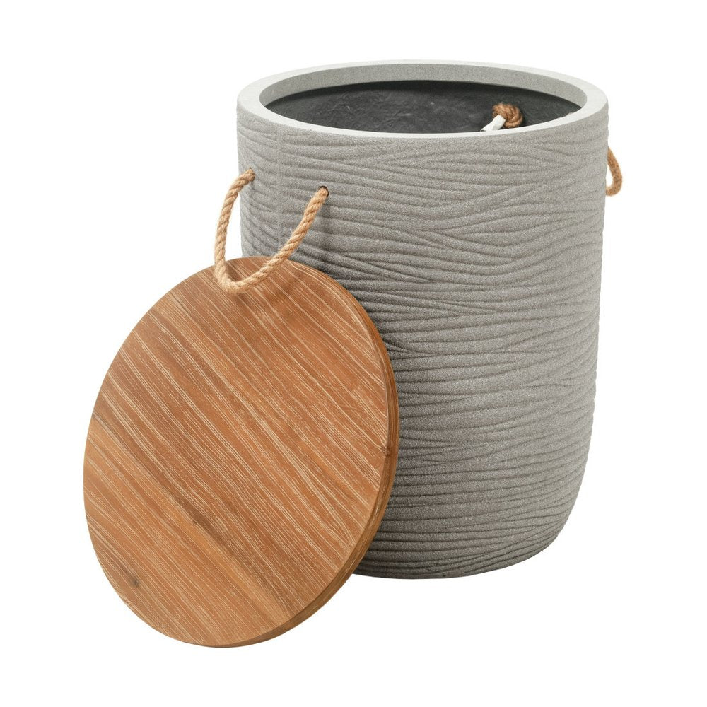 Natural and Gray Solid Wood and Faux Concrete Round Outdoor Side Table - 14-inch