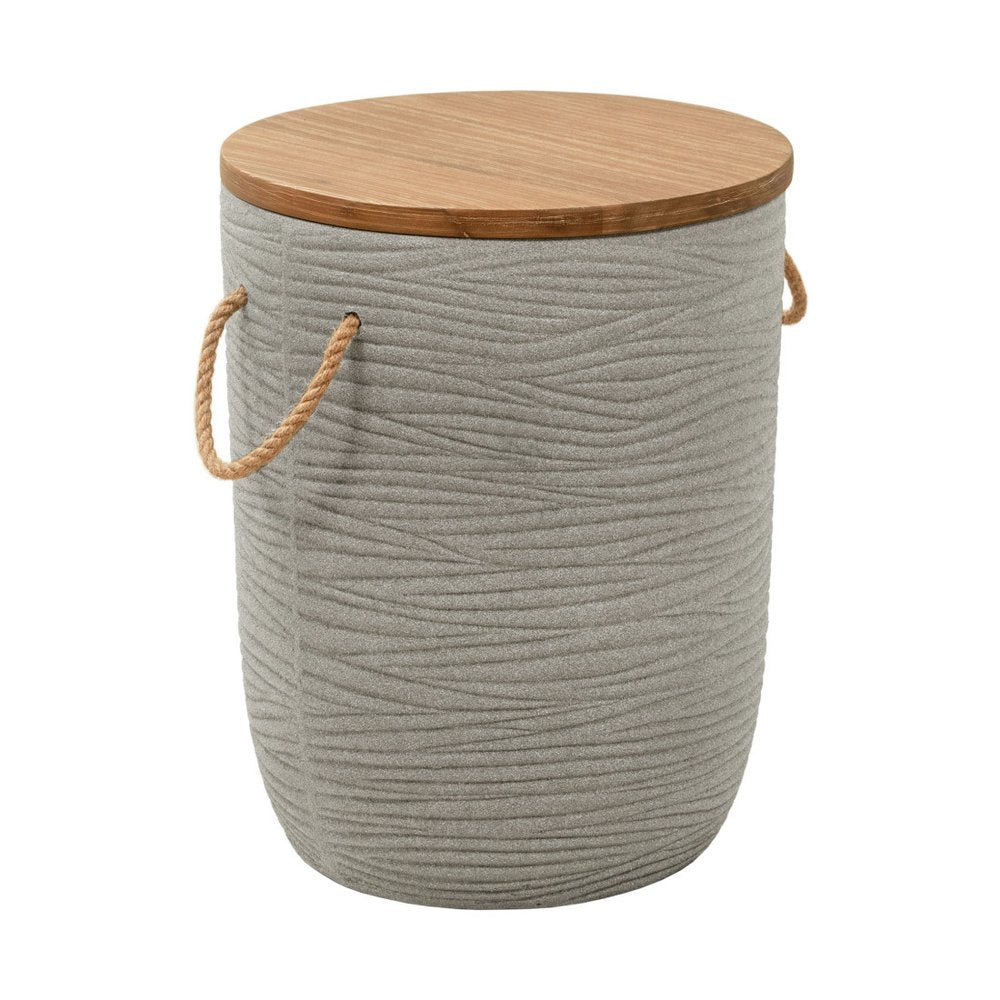 Natural and Gray Solid Wood and Faux Concrete Round Outdoor Side Table - 14-inch