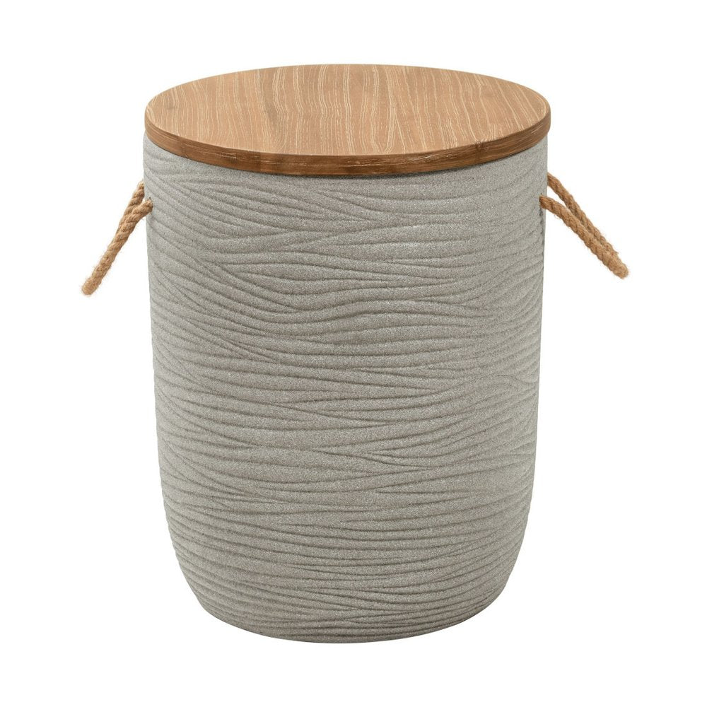 Natural and Gray Solid Wood and Faux Concrete Round Outdoor Side Table - 14-inch