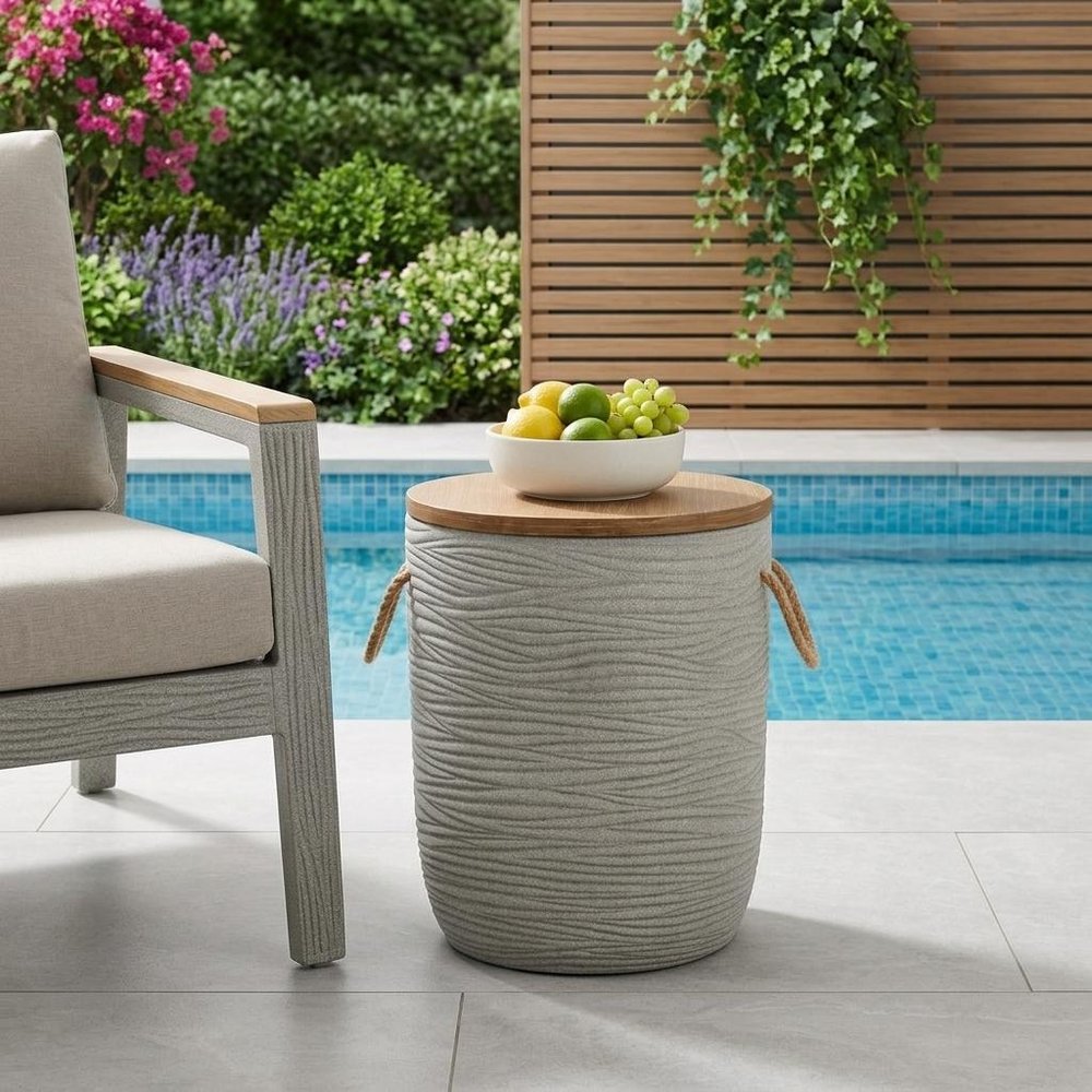 Natural and Gray Solid Wood and Faux Concrete Round Outdoor Side Table - 14-inch