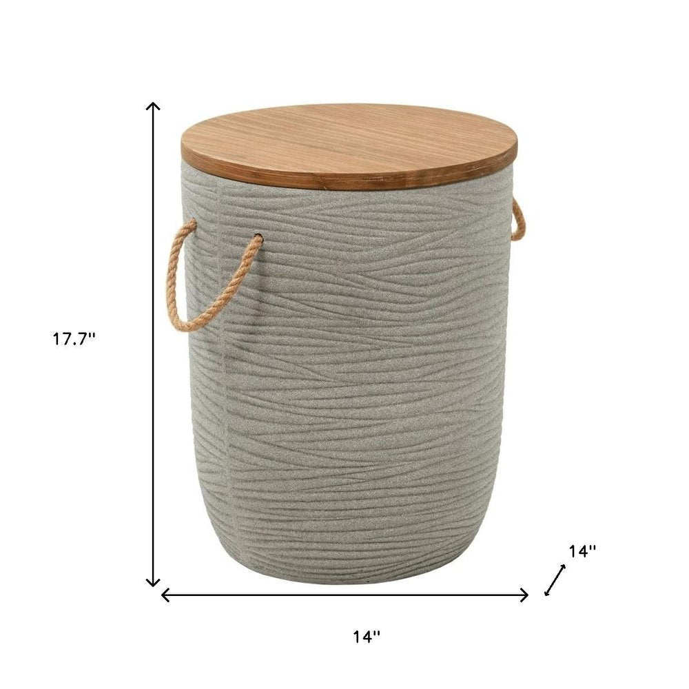 Natural and Gray Solid Wood and Faux Concrete Round Outdoor Side Table - 14-inch