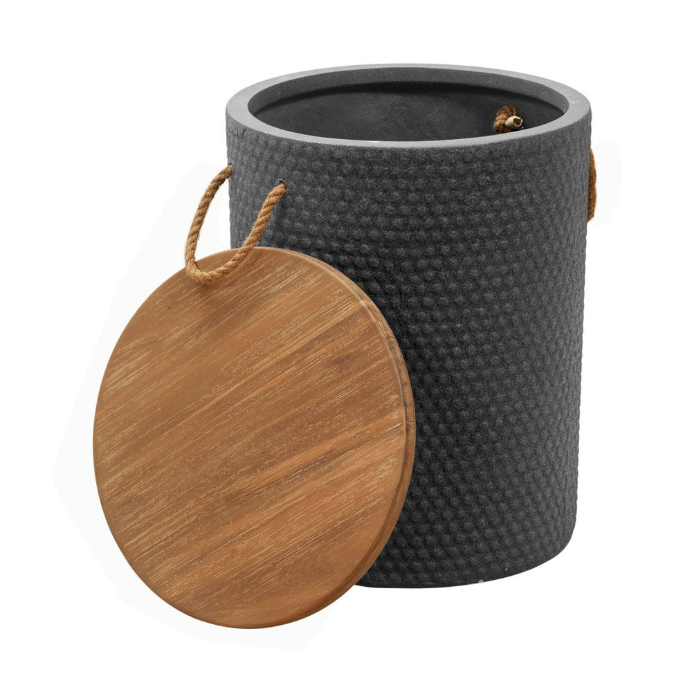 Natural and Black Solid Wood and Faux Concrete Round Outdoor Side Table