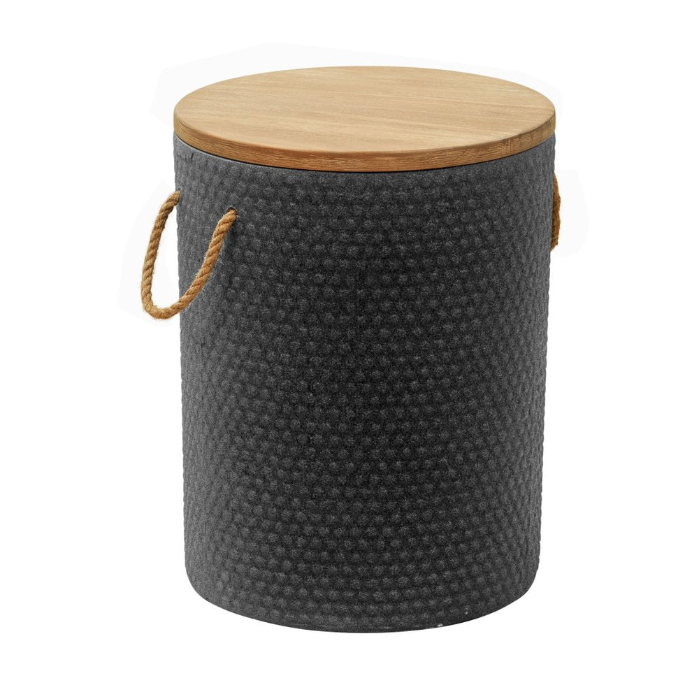 Natural and Black Solid Wood and Faux Concrete Round Outdoor Side Table