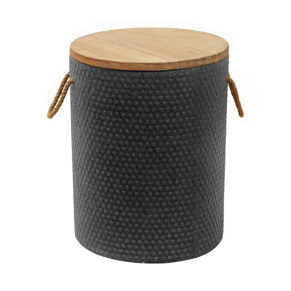 Natural and Black Solid Wood and Faux Concrete Round Outdoor Side Table