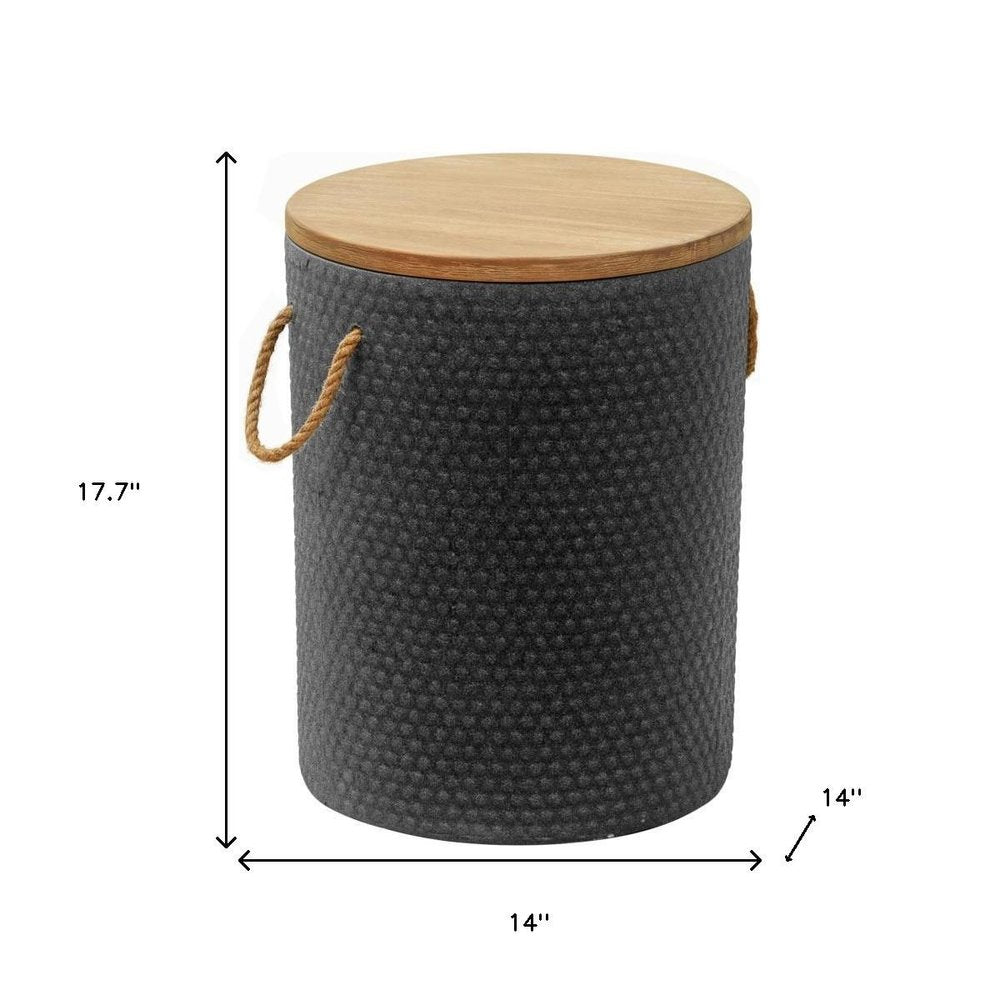 Natural and Black Solid Wood and Faux Concrete Round Outdoor Side Table