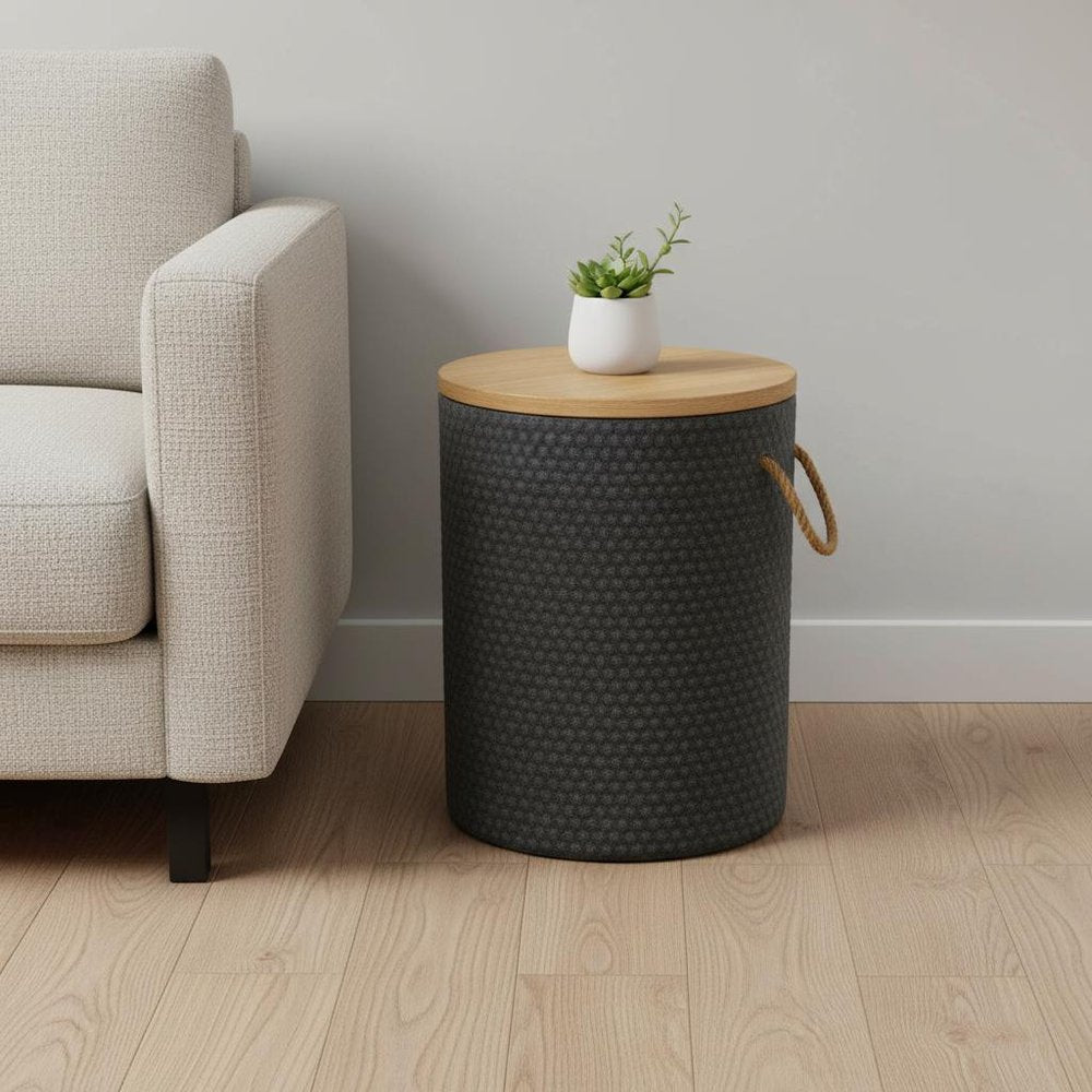 Natural and Black Solid Wood and Faux Concrete Round Outdoor Side Table