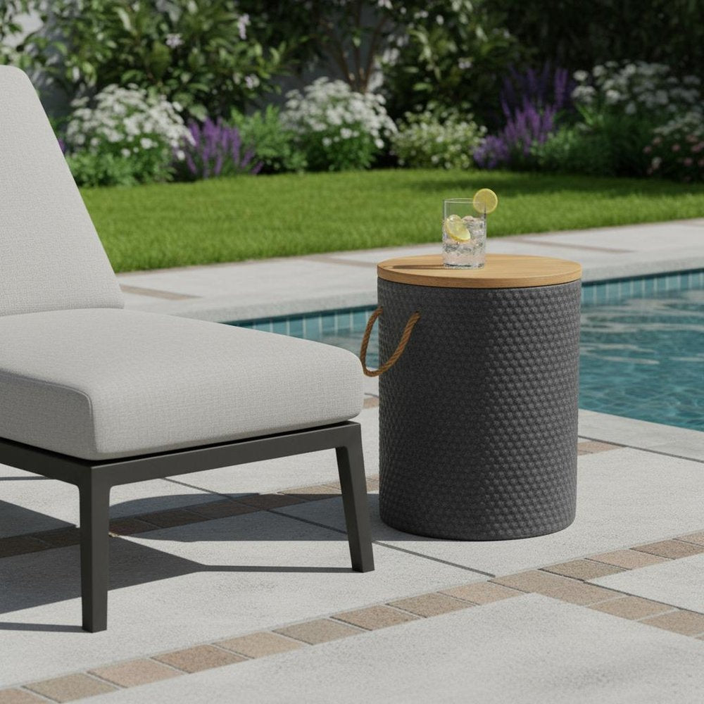 Natural and Black Solid Wood and Faux Concrete Round Outdoor Side Table