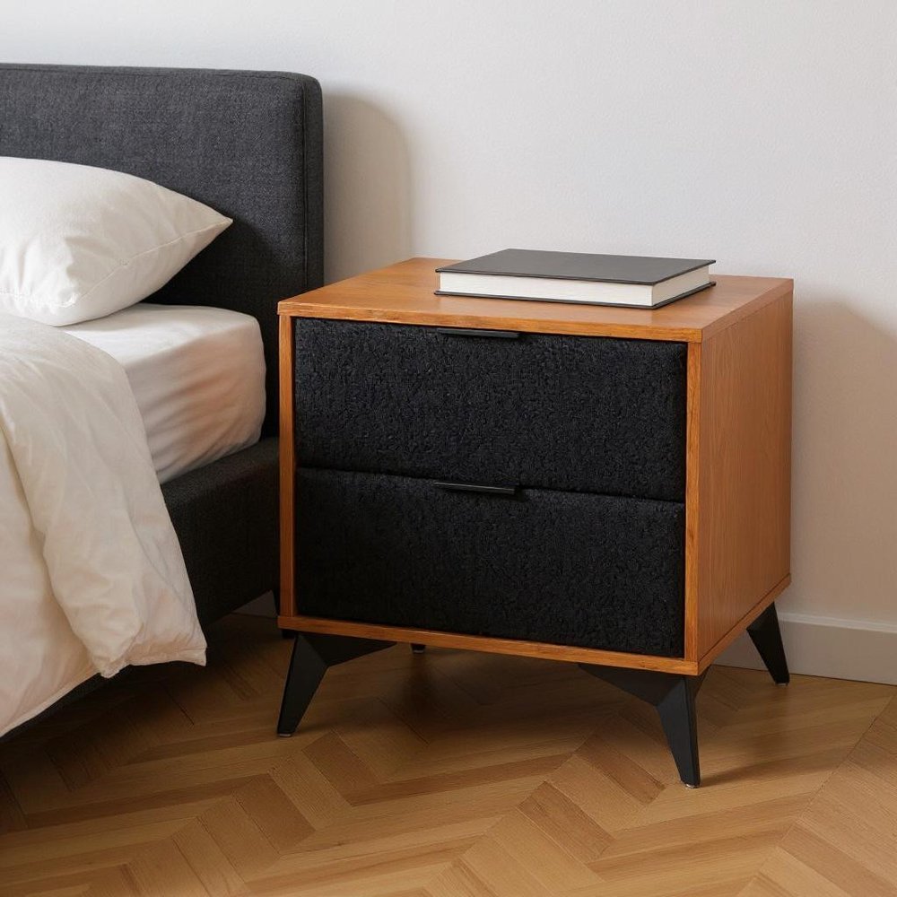 Walnut Wood and Steel Two Drawer Nightstand - 21-inch