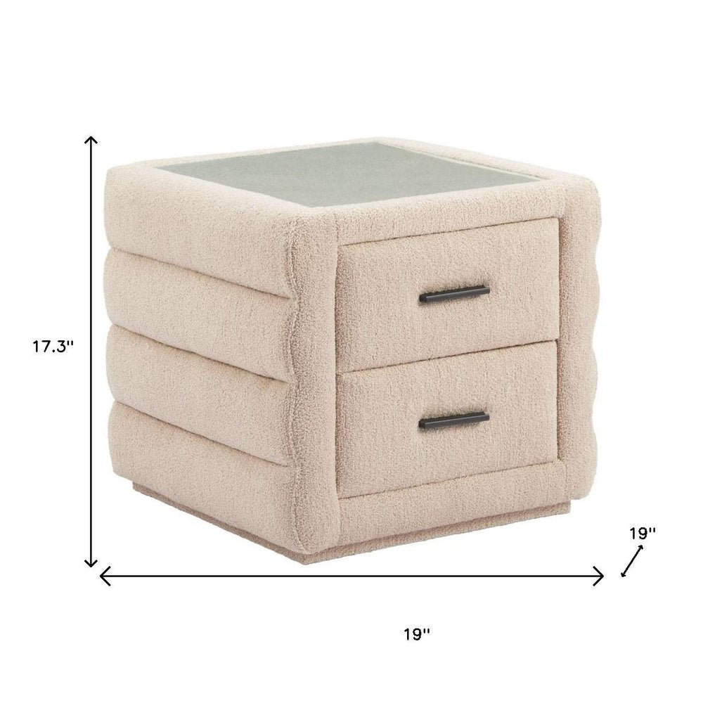 Beige Wood Square Woven Texture Two Drawer Nightstand - 17-inch