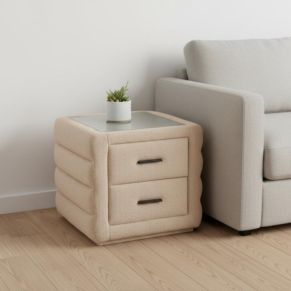 Beige Wood Square Woven Texture Two Drawer Nightstand - 17-inch