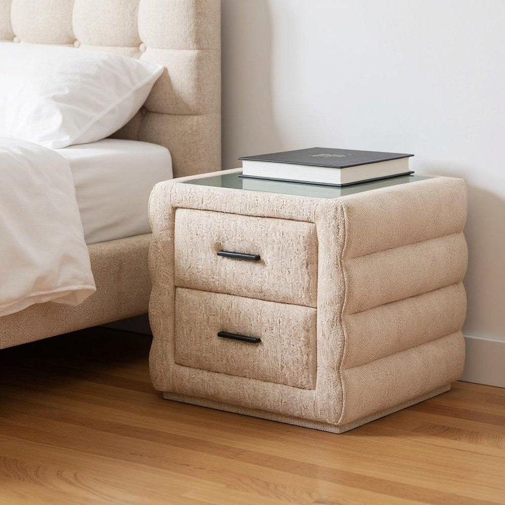 Beige Wood Square Woven Texture Two Drawer Nightstand - 17-inch