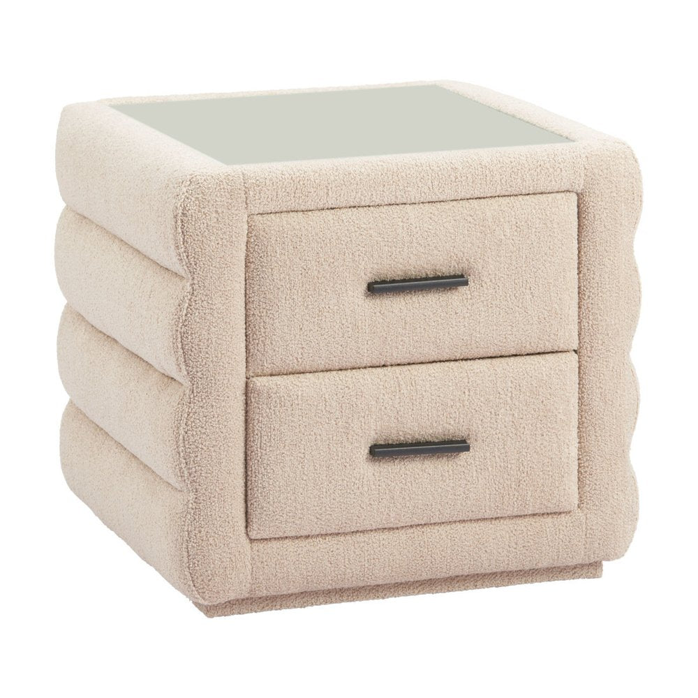 Beige Wood Square Woven Texture Two Drawer Nightstand - 17-inch