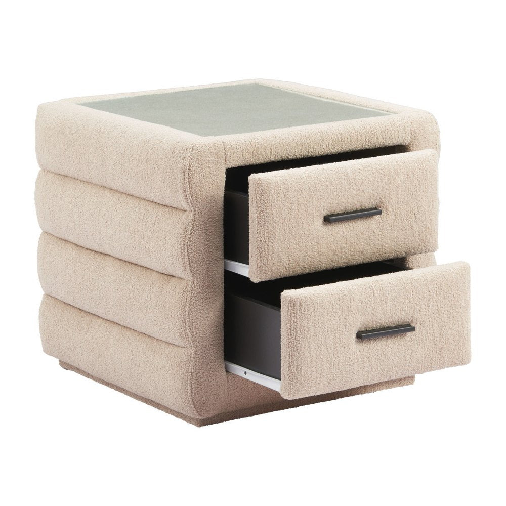 Beige Wood Square Woven Texture Two Drawer Nightstand - 17-inch