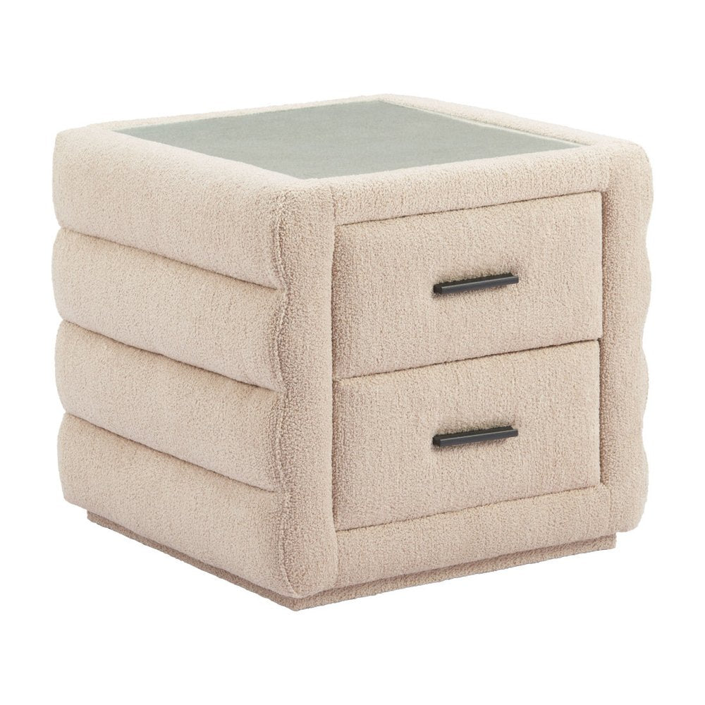 Beige Wood Square Woven Texture Two Drawer Nightstand - 17-inch