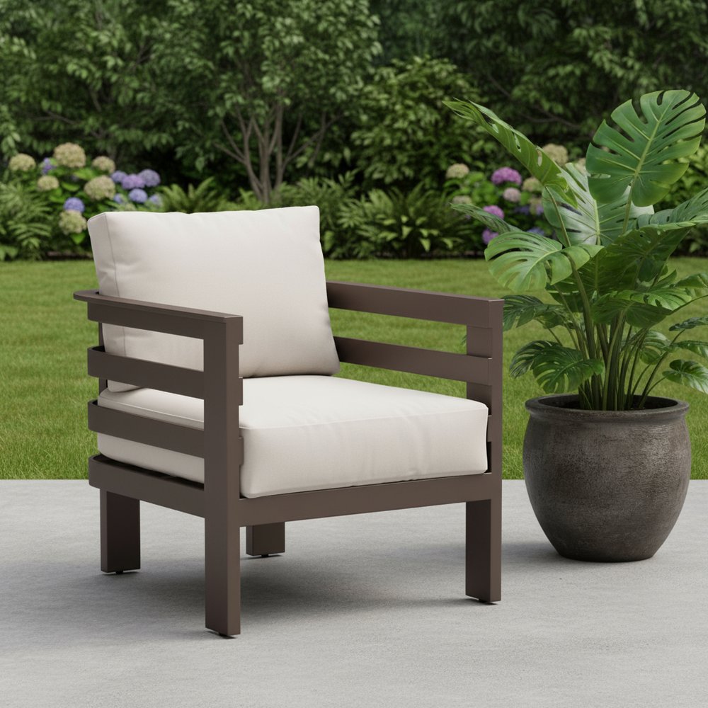 Brown Aluminum Outdoor Arm Chair with White Cushion - 30-inch