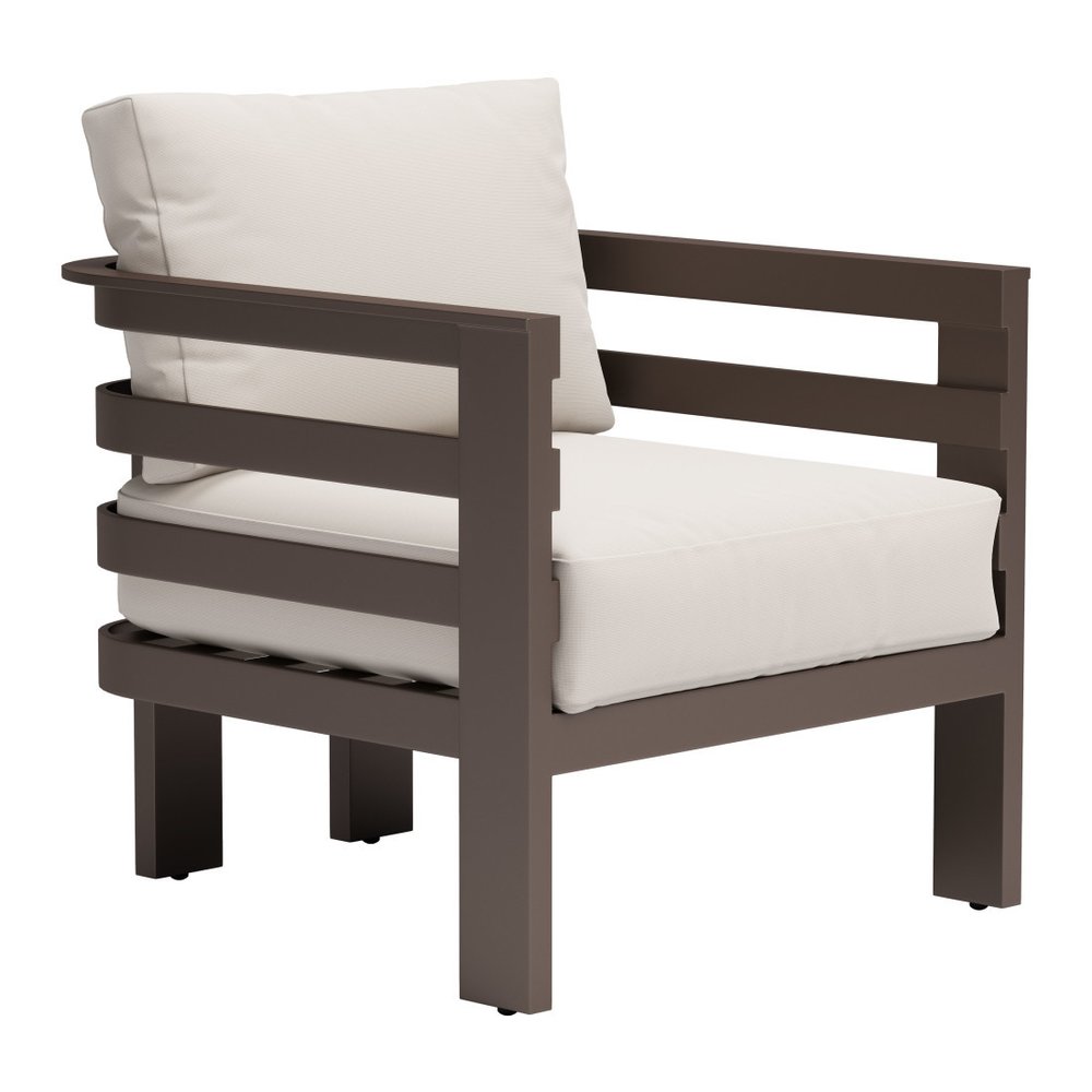 Brown Aluminum Outdoor Arm Chair with White Cushion - 30-inch