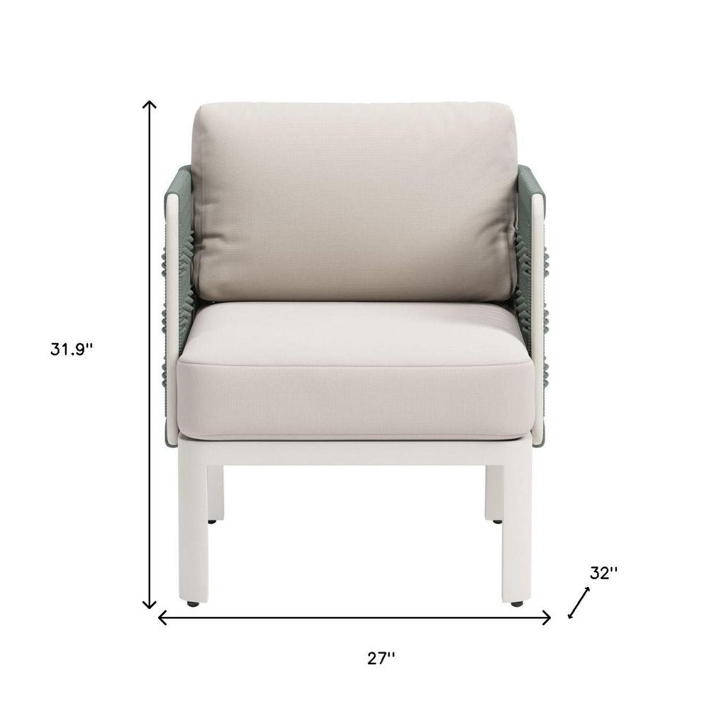 Green and White Aluminum Outdoor Accent Chair with White Cushion