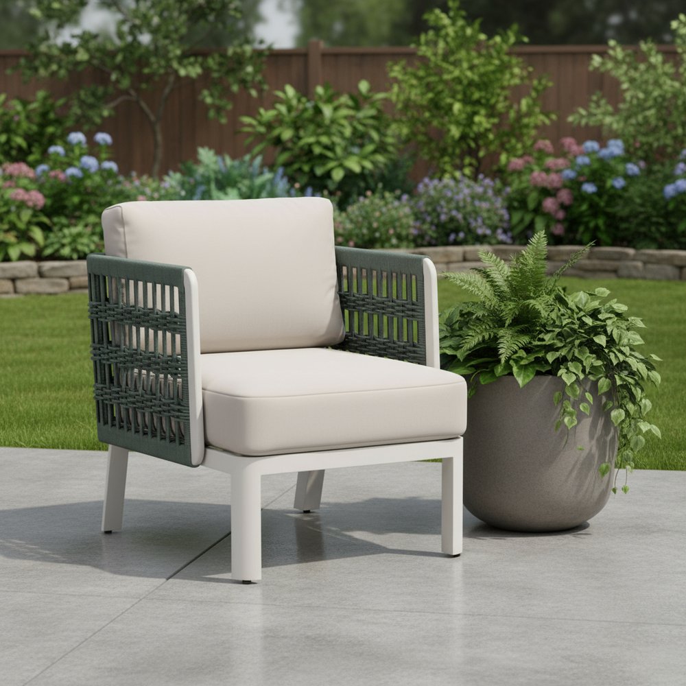 Green and White Aluminum Outdoor Accent Chair with White Cushion