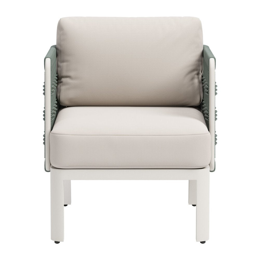 Green and White Aluminum Outdoor Accent Chair with White Cushion