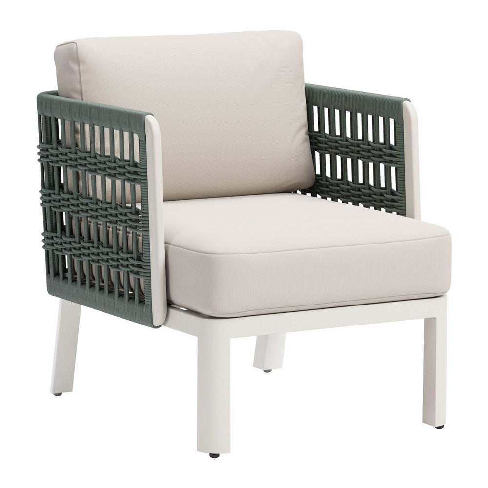 Green and White Aluminum Outdoor Accent Chair with White Cushion
