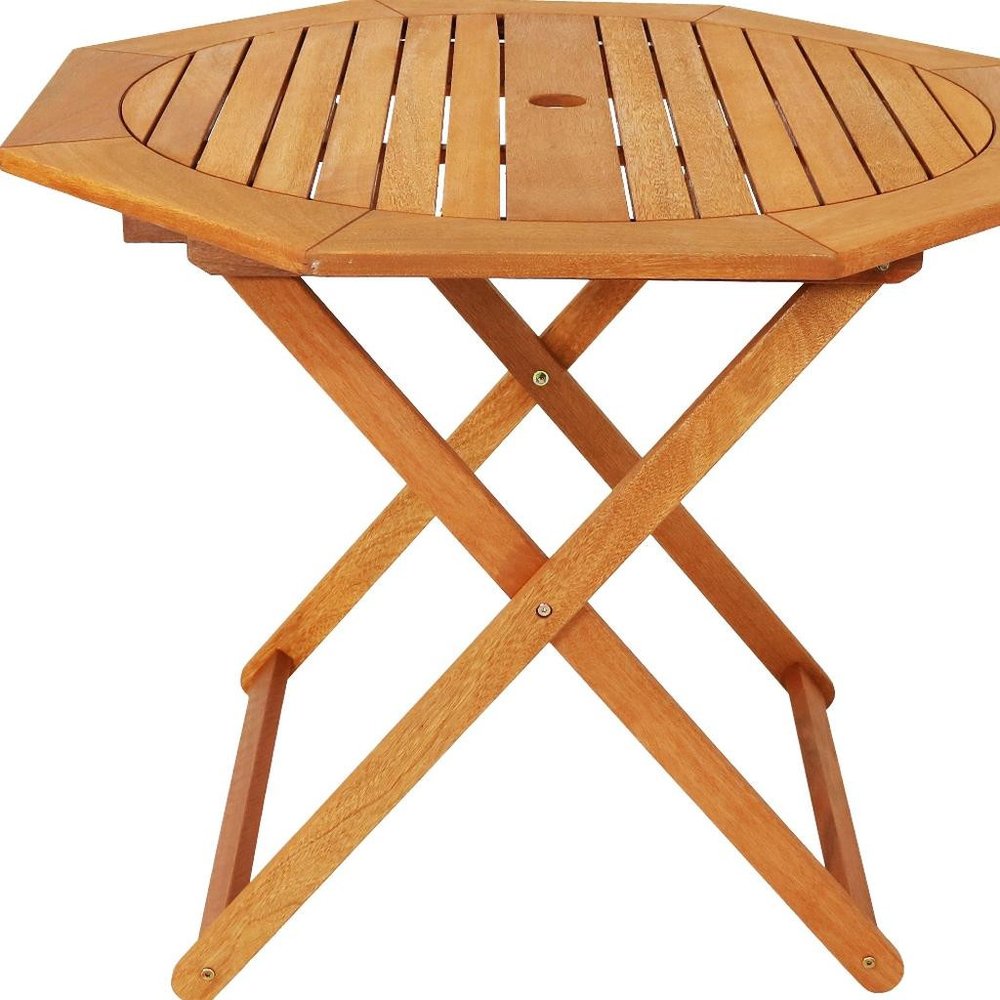 Brown Octagonal Solid Wood Folding Outdoor Dining Table with Umbrella Hole