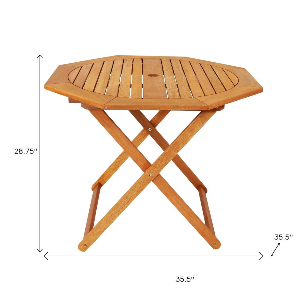 Brown Octagonal Solid Wood Folding Outdoor Dining Table with Umbrella Hole