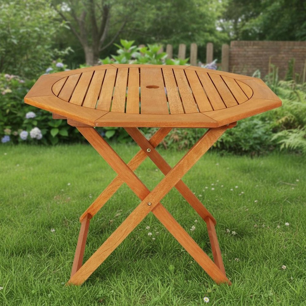 Brown Octagonal Solid Wood Folding Outdoor Dining Table with Umbrella Hole
