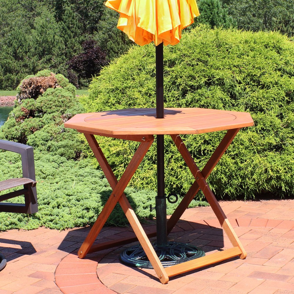 Brown Octagonal Solid Wood Folding Outdoor Dining Table with Umbrella Hole