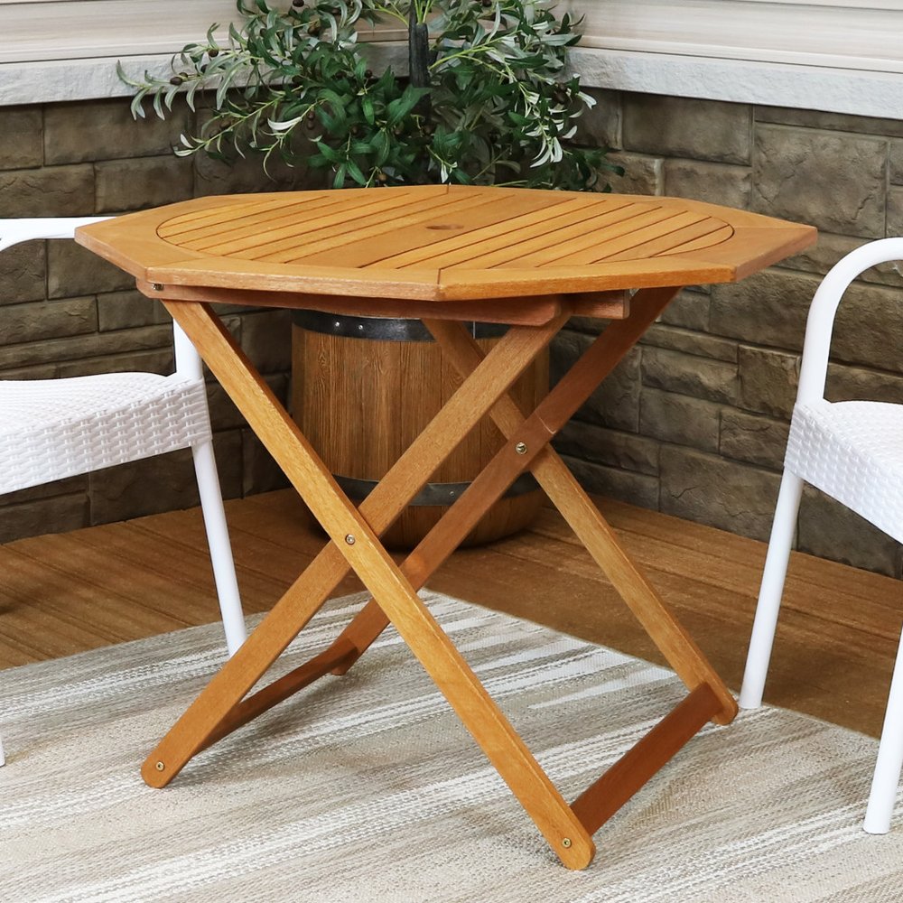 Brown Octagonal Solid Wood Folding Outdoor Dining Table with Umbrella Hole
