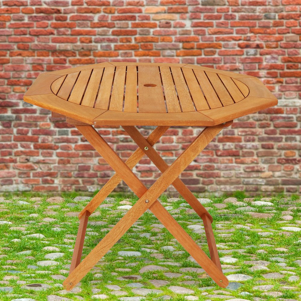 Brown Octagonal Solid Wood Folding Outdoor Dining Table with Umbrella Hole