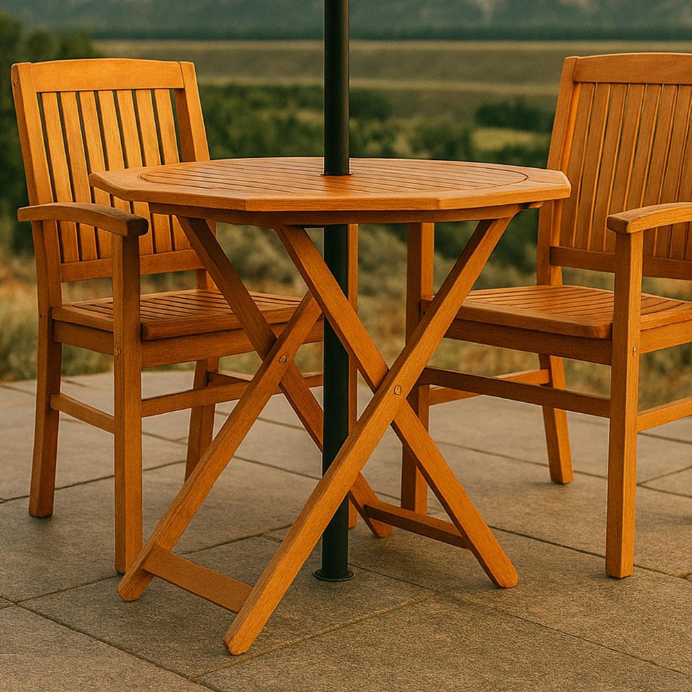 Brown Octagonal Solid Wood Folding Outdoor Dining Table with Umbrella Hole