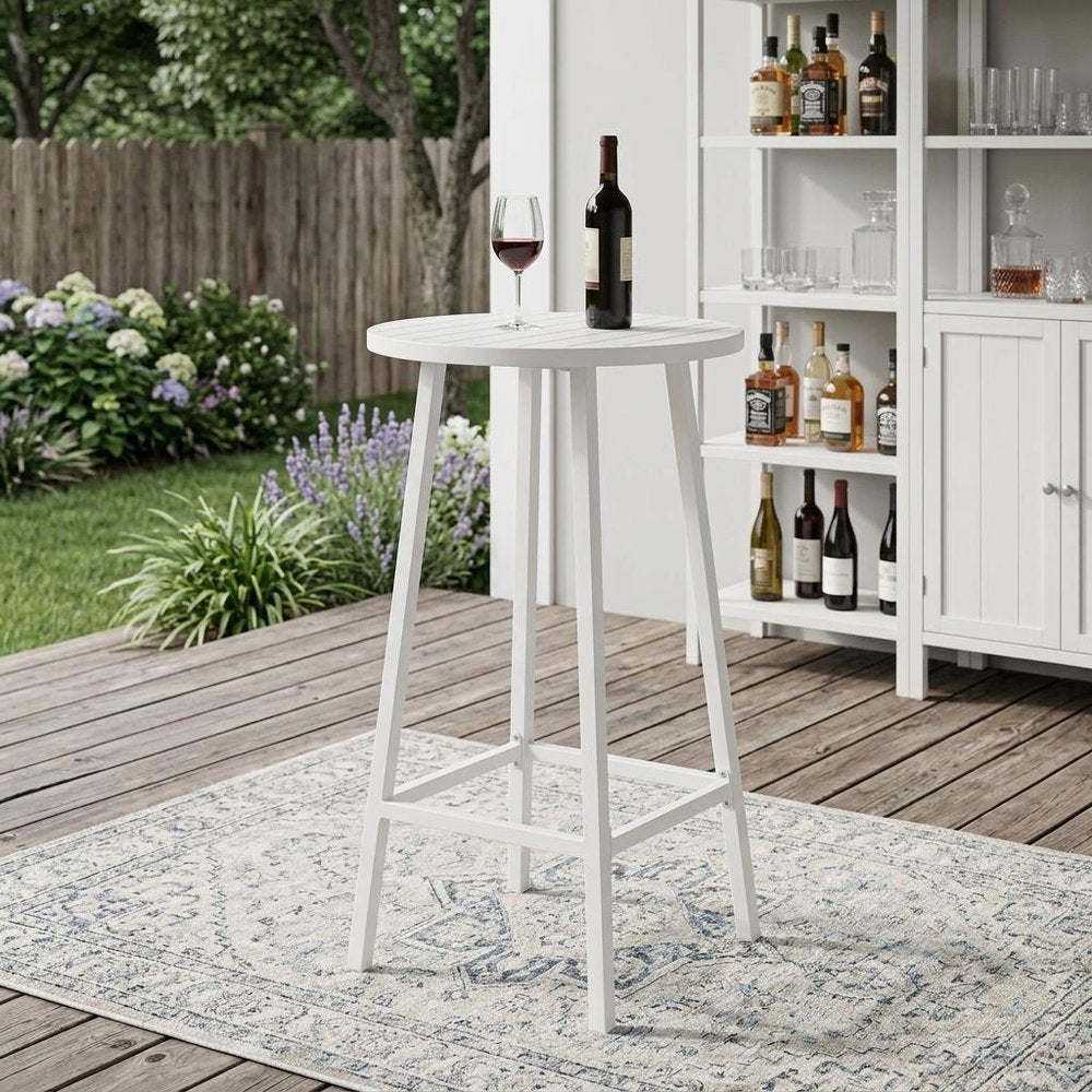 White Aluminum Slat Rounded Outdoor Bar Table - 24-inch